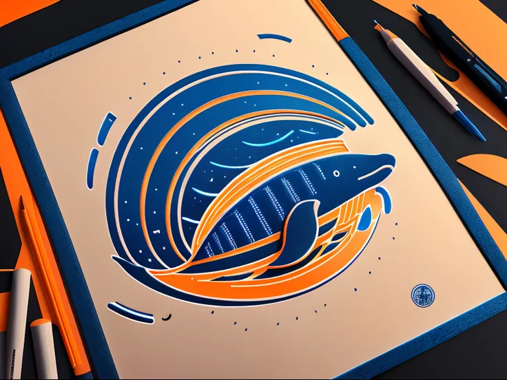 Harbor Bay Whale Text、Wavy line drawing logo、Black and dark blue background、Bright blue、Bright orange、The smallest and purest logo — Whale、It features a simple、ultra-detailliert、Detailed drawing、vectorized、silhuette、in 8K、picture frame