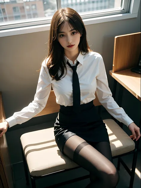 1girl,young girl, shiny skin,medium breasts,nice leg line:1.3, thin waist,school uniform, thighhighs,necktie,((pencil skirt)),looking at viewer,from below,( pantyhose:1.3),(The golden ratio figure),(Office, sit in a chair:1.3),Close range
masterpiece, best...