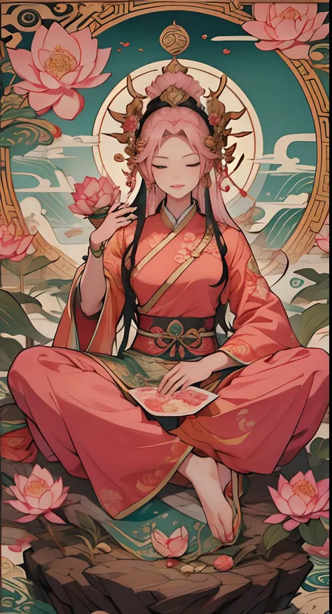 ancient chinese goddess, pink there、guanyin of the southern seas, guanyin, Inspired by India, Avalokiteşvara rides a dragon，,serene expressions,shui mo hua,Buddha,budista,lotuses,chinese painting style,Thangka style、pink there