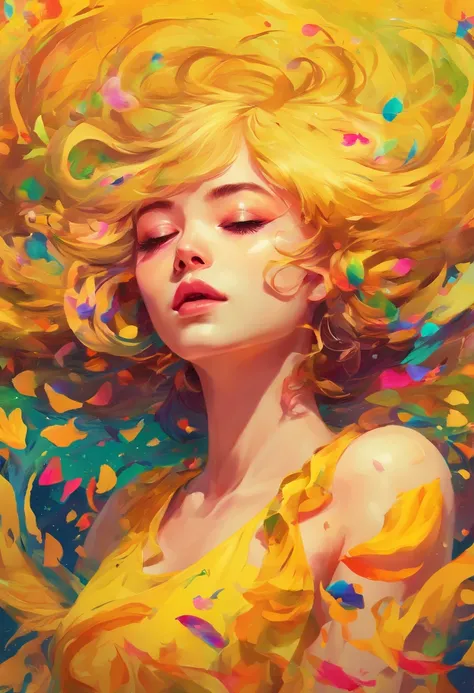 ((top-quality, 8K)), (Realistic), (Face Focus: 1.1), (amarelo: 1.3), Kawaii Girl, short-hair, 
Hair fluttering in the wind, Facing to the side, Look up at your face, Eyes closed, (Sleeveless: 1.1)、Skirt, D Cup Breasts,Countless petals are falling