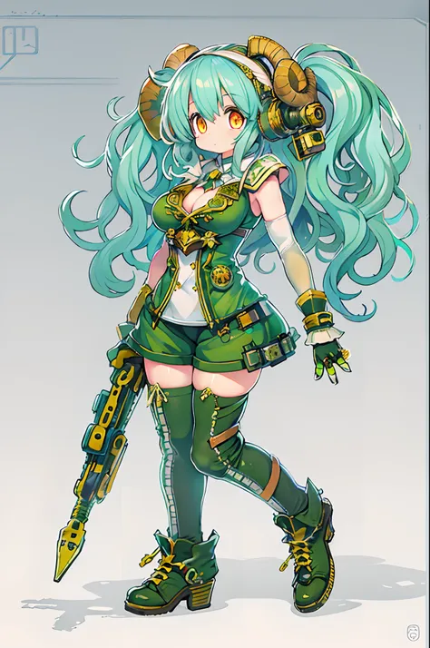 ((Live 2D))  masutepiece, 1girl in, Full body, standing straight, Steampunk clothes, military outfits, Looking at Viewer, Detailed face, Girl with green wavy hair, Bangs, Metal sheep horns, Gradient Hair, multicolored hair, light green hair, Turquoise Hair...