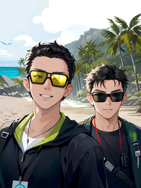 there are two men that are standing together with sunglasses on, taken on go pro hero8, vacation photo, pov photo, gopro photo, with sunglass, on beach, wearing shiny black goggles, selfie photo, standing near the beach, in the beach, shot on gopro9, selfi...