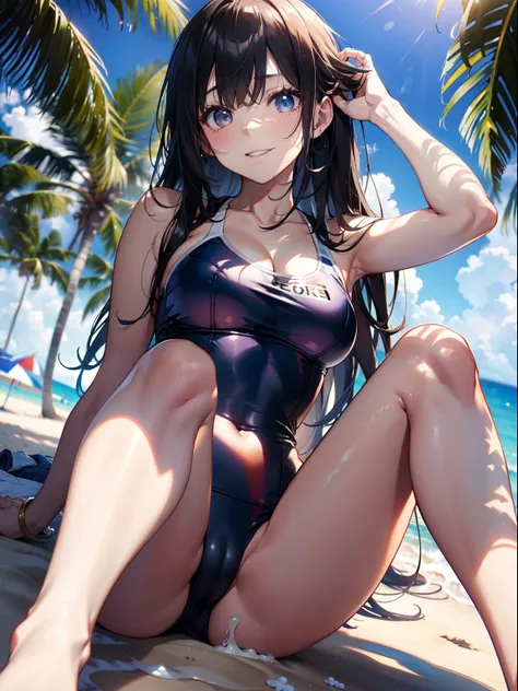 The ultra -The high-definition、high-level image quality、top-quality、Full limbs、complete fingers、Beautuful Women、1 persons、embarassed expression、ssmile、White School Swimsuit、knee high、Indentation、standingn、Grow legs、Summer Beach、cinematlic lighting