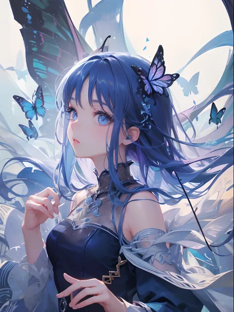 (Best Quality:1.2), Ultra-detailed, (photo shot:1.2), Beautiful detailed eyes, Beautiful detailed lips, extremely detailed eye and face, long eyelashes, Blue Dress, long boots, Butterfly Hairpin, talkative is standing、full body Esbian、from the front side、