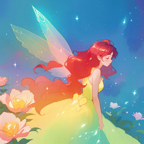 beautiful girl in flowing ballgown dress, (glowing fairy wings), glowing flowing ballgown, long wavy hair, sparkling fairy wings, watercolor illustration, flowers and colorful plants, inspired by Glen Keane, inspired by Lois van Baarle, disney art style, b...