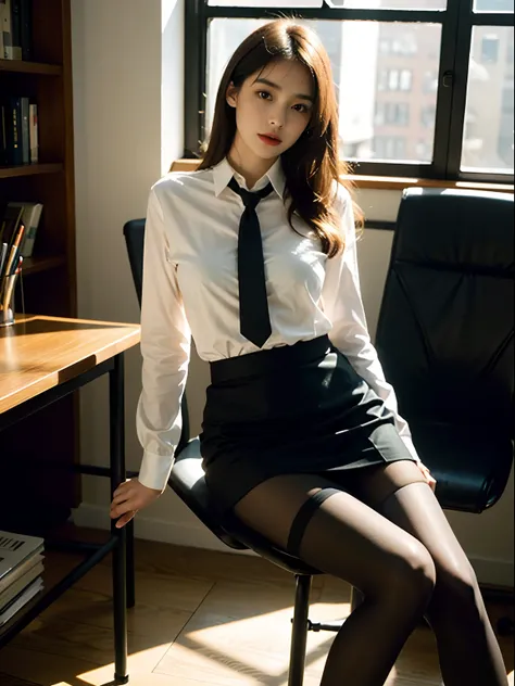 1girl,young girl, shiny skin,medium breasts,nice leg line:1.3, thin waist,school uniform, thighhighs,necktie,((pencil skirt)),looking at viewer,from below,( pantyhose:1.3),(The golden ratio figure),(Office, sit in a chair:1.3),Close range
masterpiece, best...