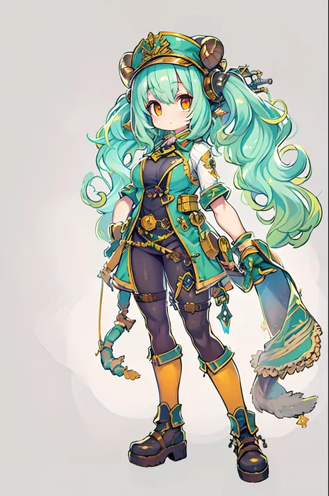 ((Live 2D))  masutepiece, 1girl in, Full body, standing straight, Steampunk clothes, military outfits, Looking at Viewer, Detailed face, Girl with green wavy hair, Bangs, Metal sheep horns, Gradient Hair, multicolored hair, light green hair, Turquoise Hair...