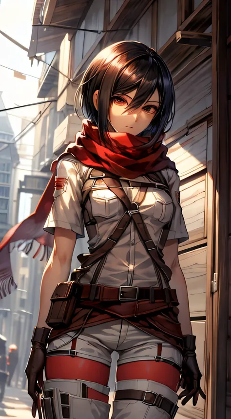 masterpiece, best quality, highres, hmmikasa, short hair, black eyes, scarf, belt, thigh strap, red scarf, white pants, white shirt, standing, cowboy shot,