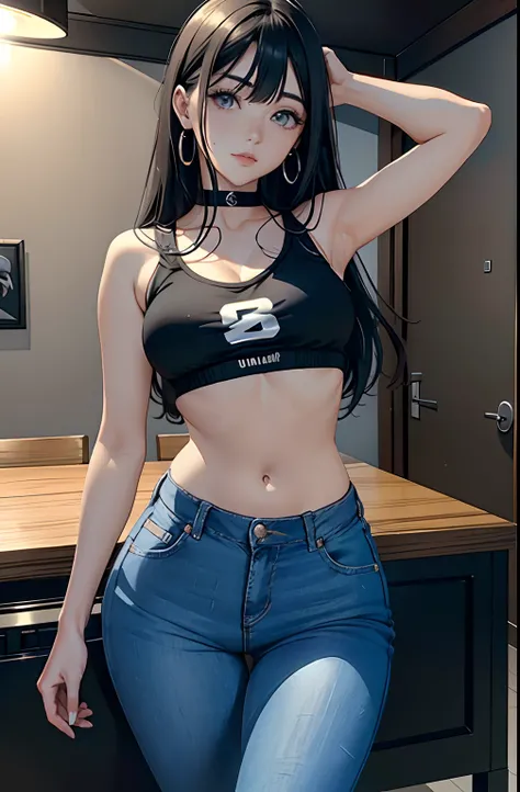 (Hinata Hyuga, muito sensual, com roupas apertadas, bunda grande, pernas grossas, Wearing extremely tight jeans, usando uma mini blusa, umbigo com pirsing, cabelo grande, Speaker behind, muito realista, extremamente sexy, 8k, 8k extremamente detalhado), (u...