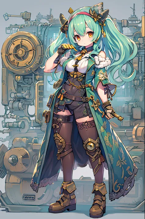 ((Live 2D))  masutepiece, 1girl in, Full body, standing straight, Steampunk clothes, military outfits, Looking at Viewer, Detailed face, Girl with green wavy hair, Bangs, Metal sheep horns, Gradient Hair, multicolored hair, light green hair, Turquoise Hair...