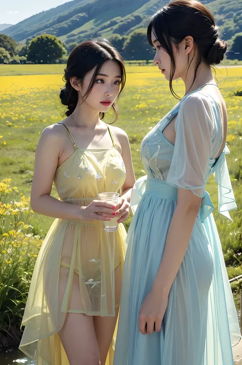 Araffe Japanese model, hyperrealistic,(2girls:1.4,leering:1.2), drinking water in a glass with lots of ice next to yellow ducklings in a meadow,see-through costume,embroidery pattern,