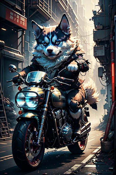 siberian husky dog、cyberpunked、driving a large motorcycle