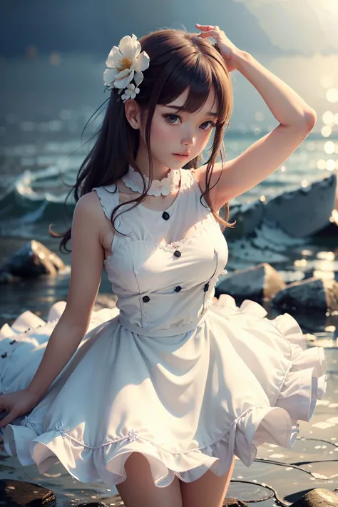 masutepiece,Best Quality,Ultra-detailed,1girl in,Full upper body、,flower,White Dress,