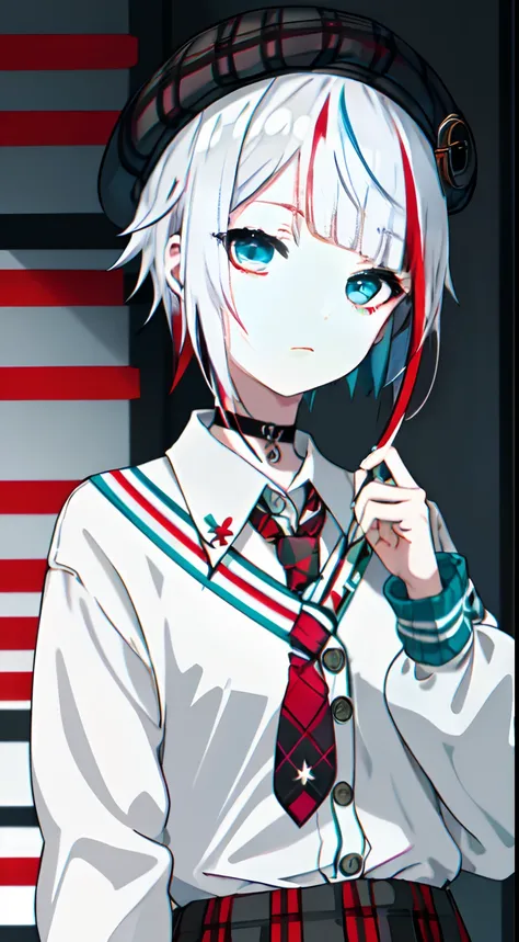 best quality, masterpiece, 1girl, solo,  red gradient streaked hair, short hair, white hair, lily (wacca), black beret, plaid skirt, choker, cyan sweater jacket, collared shirt, black plaid necktie, sleeves past fingers, blunt bangs