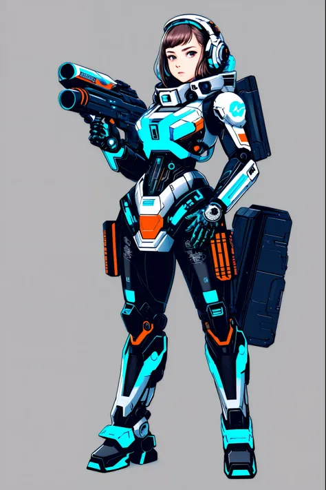 ((stickers)), 1girl, holding a gun，A futuristic，Futuristic sci-fi mecha style， (masterpiece:1.2), (best quality), (ultra detailed), (8k,, intricate),(highly detailed:1.2)，Long-range photos，in a panoramic view，white background,simple background,concept art,...