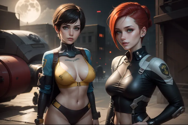 gwen tennyson,tracer,jill valentine, rebecca chambers,overwatch,resident evil,close up,mecha pilot,body paint, haunted mansion,tattoos,blue and gray plugsuit,white short sleeve silk top,steel cargo pants,uncovered belly, short hair,cute makeup,green eyes, ...