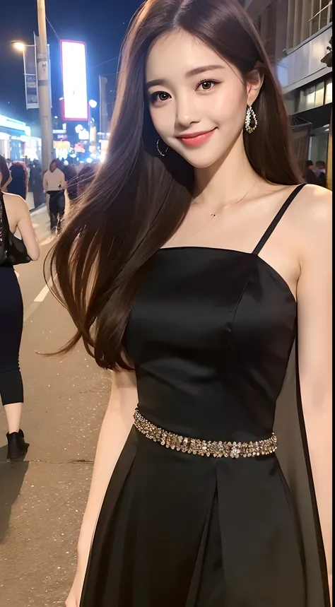 ((Best quality, 8k, Masterpiece :1.3)), 1girl, smiling, full body, slim face, Pretty woman, (Dark brown hair), full length dress :1.1, Ultra-detailed face, Detailed eyes, Double eyelid, blur background, slim face, city, outside, street,