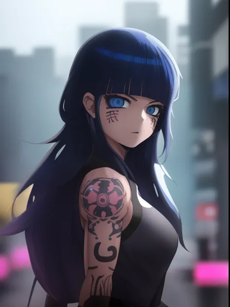 Menina anime com cabelo azul e tatuagens em uma cidade, menina de anime feminino, Menina, garota anime , arte digital do anime  - arte de anime, estilo anime 4K, arte de anime badass anime 8 k, menina bonita, menina moderna sonhadora