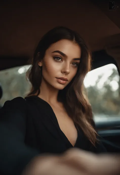 arafed woman with black clothes, sexy girl with brown eyes, portrait sophie mudd, brown hair and large eyes, selfie of a young woman, bedroom eyes, violet myers, without makeup, natural makeup, looking directly at the camera, face with artgram, subtle make...