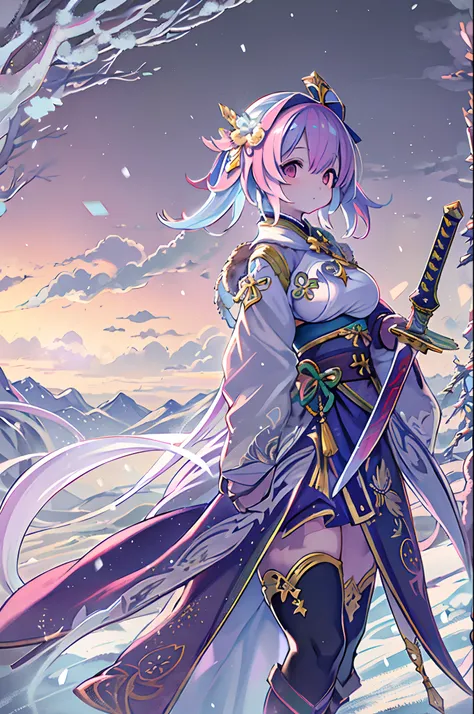 Extreme details, flawless, Aerial view, Like a work of art, Anime girl with ice and snow sword, Pink hair and purple long skirt complement each other, Staring at the god Ayakahara in the distance, Leads us to the world of the Genshin.