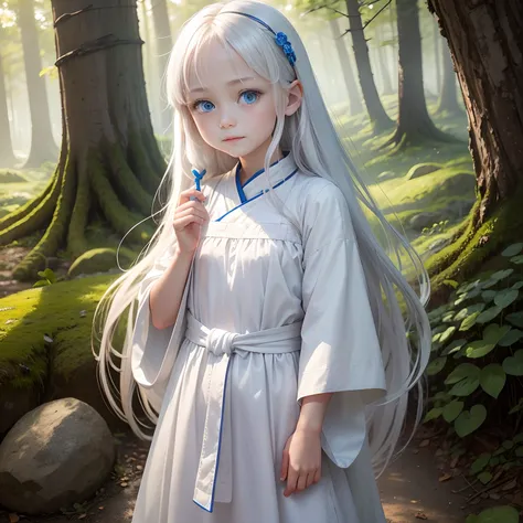 In the background in the forest, a beautiful girl name is May, 8-year-old girl with blue eyes, long white hair, wearing a white tunic, On the waist there is a small bag, Cheerful expression on her face, Worry