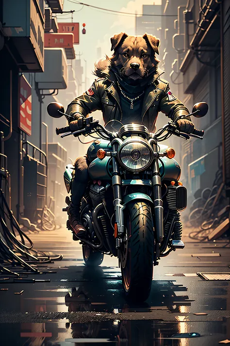 c4tt4stic,cartoon labrador retriever dog driving large motorcycle cyberpunk