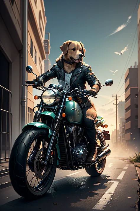 C4tt4stic,Cartoon Labrador Retriever Dog Drives Large Motorcycle Cyberpunk