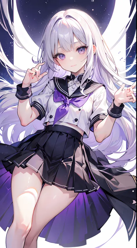 Long silver-white hair and waist，Crystal purple eyes，Hair curtain，dishiveredhair，Sailor uniform school uniform，Medium build，Loving pupils，Detailed description of the thighs and legs，black lence stockings，chiquita，Tilt your head，，watered eyes，The corners of...