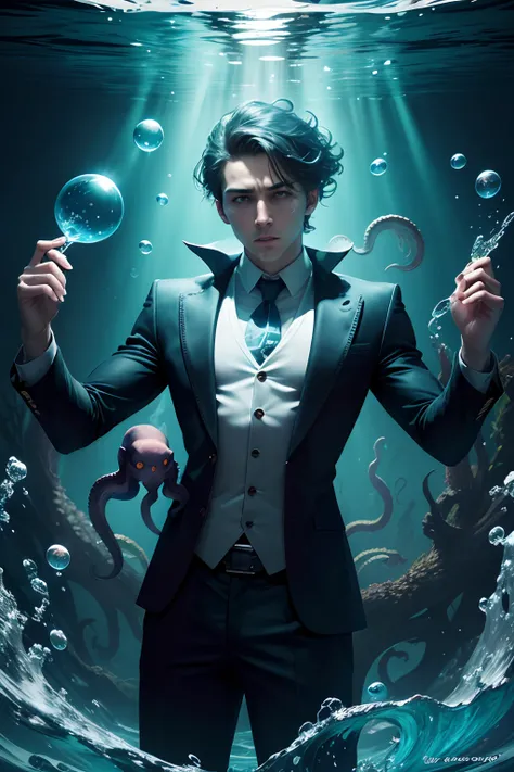 Design a movie poster featuring an underwater magician, part-human, part-octopus, performing tricks with bubbles and seaweed in a mystical aquatic world, dramatic effect, dramatic lighting,