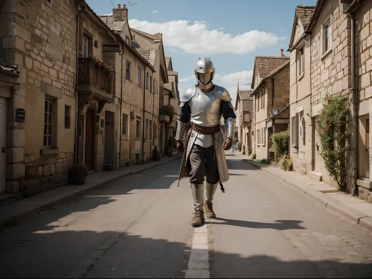 man, male, knight with black great helm on the head, male standing in the medieval village road, medieval architecture,8k, uldra, shard, majestic, masterpiece