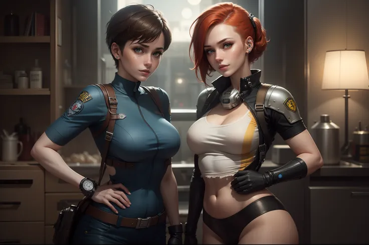 gwen tennyson,tracer,jill valentine, rebecca chambers,overwatch,resident evil,close up,mecha pilot,body paint, haunted mansion,tattoos,blue and gray plugsuit,white short sleeve silk top,steel cargo pants,uncovered belly, short hair,cute makeup,green eyes, ...