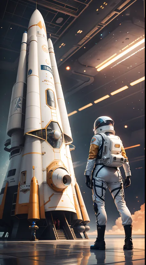 Illustrate a retro-futuristic scene where the Malay woman dons a space explorers suit reminiscent of 1960s sci-fi, standing on an alien planets surface with a vintage rocket ship.