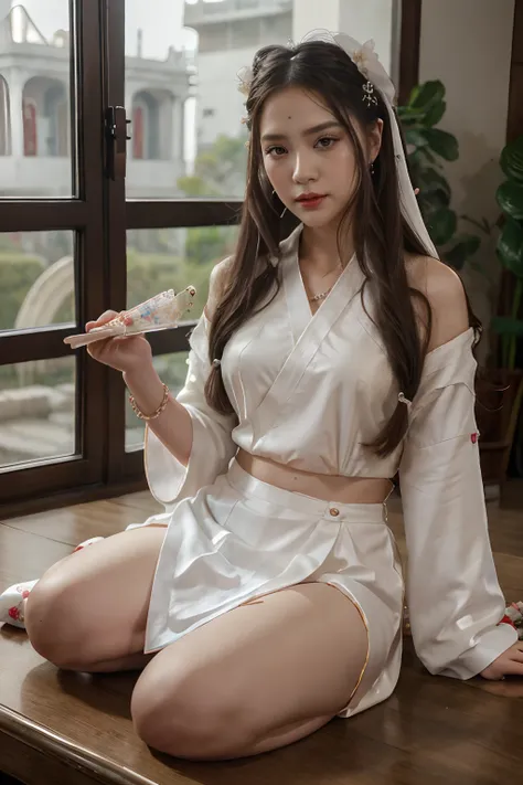 There is a woman sitting on a table with a vase, white skin, melancholy eyes, a palace, a girl in Hanfu, beautiful figure painting, white Hanfu, Hanfu, hair accessories, , looking at the viewer, red lips, skirt, hair accessories, necklaces, jewellery, long...