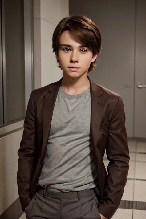 portrait of an anime 12 year old boy with brown hair, wearing a grey shirt, grey trousers and an elegant red blazer.