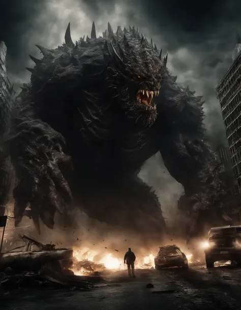 Photography of a colossal, rampaging monster wreaking havoc in a bustling city center. Towering skyscrapers crumble under its massive claws, while panicked crowds flee in terror. The monsters rough, scaly skin ripples with every movement, and its thunderou...