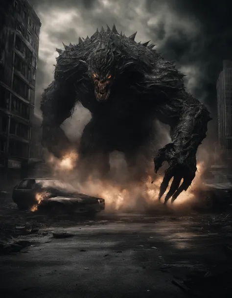 Photography of a colossal, rampaging monster wreaking havoc in a bustling city center. Towering skyscrapers crumble under its massive claws, while panicked crowds flee in terror. The monsters rough, scaly skin ripples with every movement, and its thunderou...