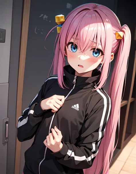 (masterpiece), 1girl, pixel, hitori gotou, blue eyes, cube hair ornament, hair between eyes, hair ornament, pink hair, twintail, long hair, tracksuit, black tracksuit, surprised, blush, shock, curious