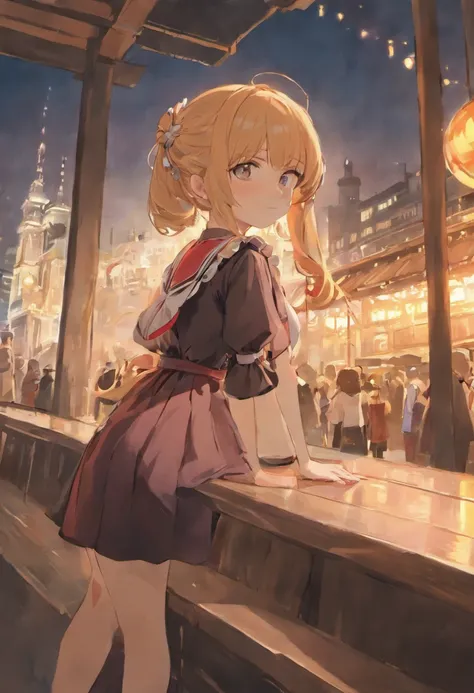 Anime girl in maid costume sitting on bench，The background is a city, Best anime 4k konachan wallpaper, Fine details. Girl Front, lollipop, from girls frontline, A scene from the《azur lane》videogame, nightcore, azur lane style, cute anime waifu in a nice d...