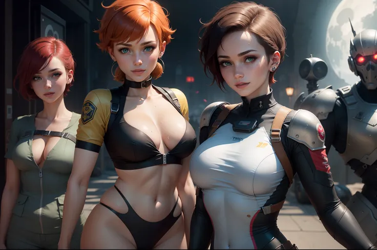 gwen tennyson,tracer,jill valentine, rebecca chambers,overwatch,resident evil,close up,mecha pilot,body paint, haunted mansion,tattoos,blue and gray plugsuit,white short sleeve silk top,steel cargo pants,uncovered belly, short hair,cute makeup,green eyes, ...