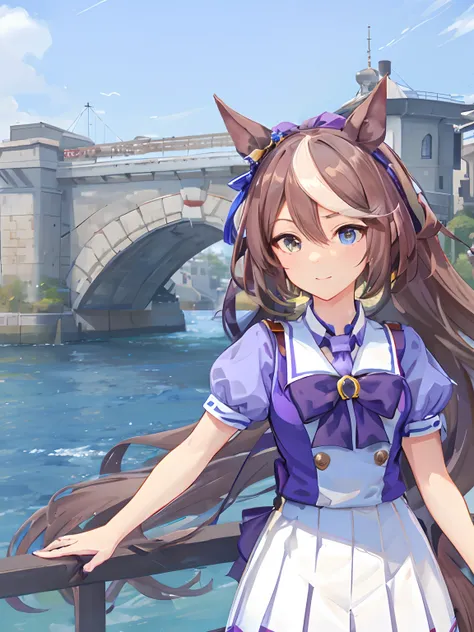 Anime girl with long brown hair and purple dress stands in front of the bridge, from the azur lane videogame, azur lane style, Holo is a wolf girl, Anime girl with horse ears, Girl with horse ears, Very Beautiful Anime Cat Girl, beautiful anime catgirl, ch...