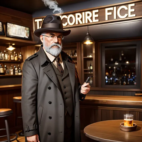 Noir detective, trench coat, hat, gnome, short beard, brown and grey hair, smoking, bar (location), middle aged