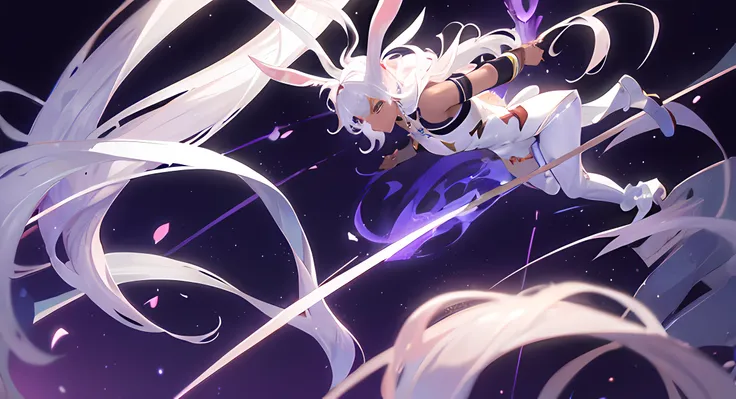 ((masterpiece)),HDR, 1man, a handsome male viera with dark skin and white bunny ears, handsome man, best quality, perfect arms, perfect face, Perfect hands, perfect eyes, purple eyes, mid-length hair, white hair, 3 piece suit