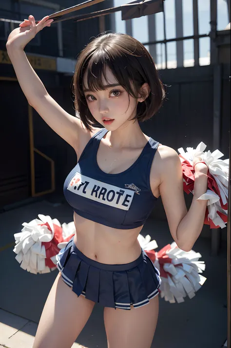 masutepiece, Full body shot, (1 girl and 1 man, Having sex:1.5), (Doggy sex:1.5), (Cheerleader Wear:1.5), Detailed eyes and detailed face, large full breasts、Chest is open、(Beautiful face, kawaii:1.2), cute Japanese girls, 16 yo, (From Futsu View:1.3), (Ba...