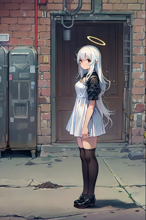 ((masutepiece, Best Quality)),girl with, Solo, Dress, Standing, Halo, backstreet, Outdoors, Bangs, White Dress, White hair, Long hair, Black footwear, Industrial Pipes, Looking at Viewer, air conditioner,Dark lighting, garbage, a trash can, HXH2011