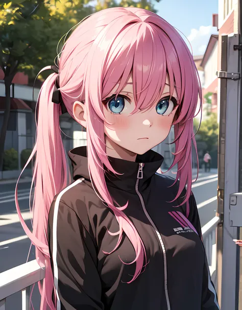 (masterpiece), 1girl, pixel, hitori gotou, blue eyes, hair between eyes, pink hair, twintail, long hair, tracksuit, black tracks...