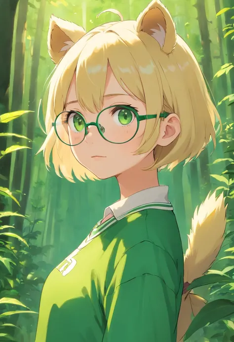 Bear ears、1 juvenile、a blond、eye glasses、Green eyes、Green jersey、short-haired、