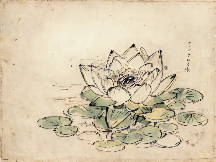 Ancient Japanese single Lotus Flower Sketch colourful