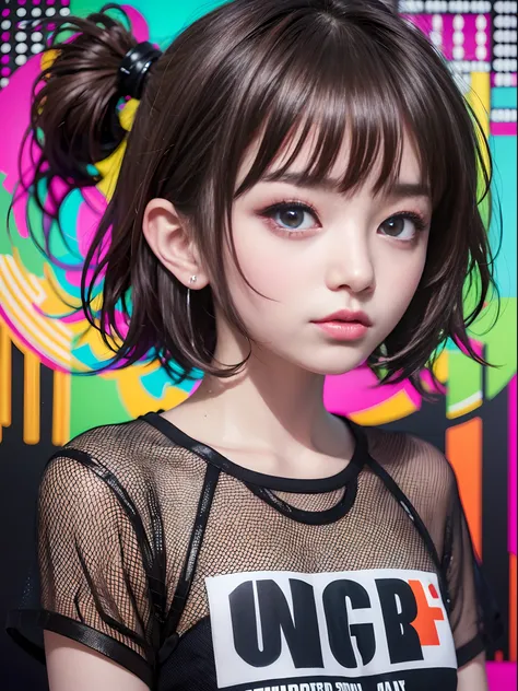 hightquality、Neon color palette、high-level image quality、Kawaii Girl、Unprecedented amount of drawing、anime styled、Geometric pattern background、sticker style、Short hair、Dark hair、Brown eyes, hair messy, Menhera, bandaged, Loose clothing, Baggy T-shirt, Self...