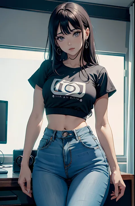 (Hinata Hyuga, muito sensual, com roupas apertadas, bunda grande, pernas grossas, Wearing extremely tight jeans, usando uma mini blusa, umbigo com pirsing, cabelo grande, Speaker behind, muito realista, extremamente sexy, 8k, 8k extremamente detalhado), (u...