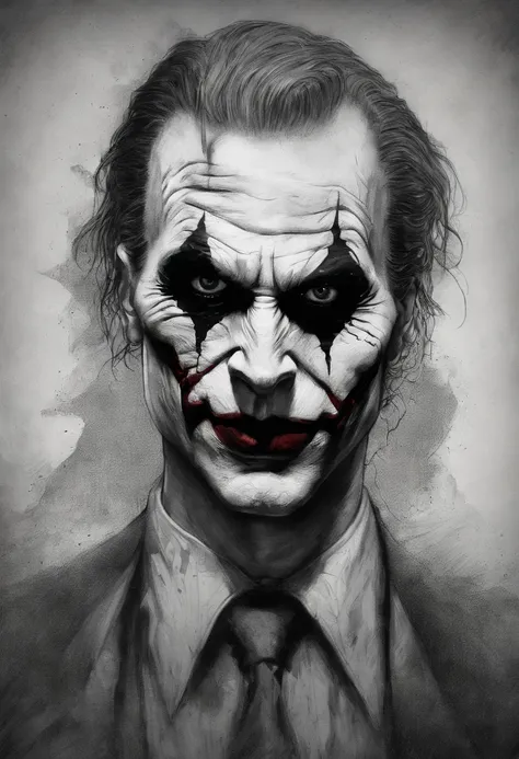 A sketch drawing of the joker skull character, hyper-realistic, artistic, tudo preto e branco